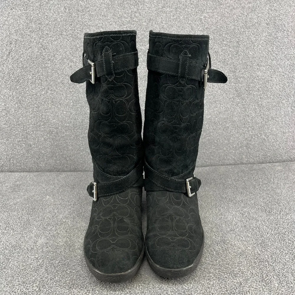 Coach Black Suede Monogram Tall‎ Boots Buckle Detail Women's US 8 B EU 38.5